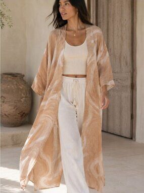 Vela Modal Linen Kimono Duster Beige L/XL Boho Resort Lagenlook Cover Up Summer